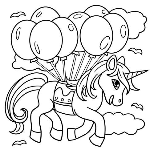Happy Unicorn with Balloons Free Printable Page