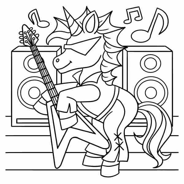 Musical Unicorn Guitar Printable Coloring Pages