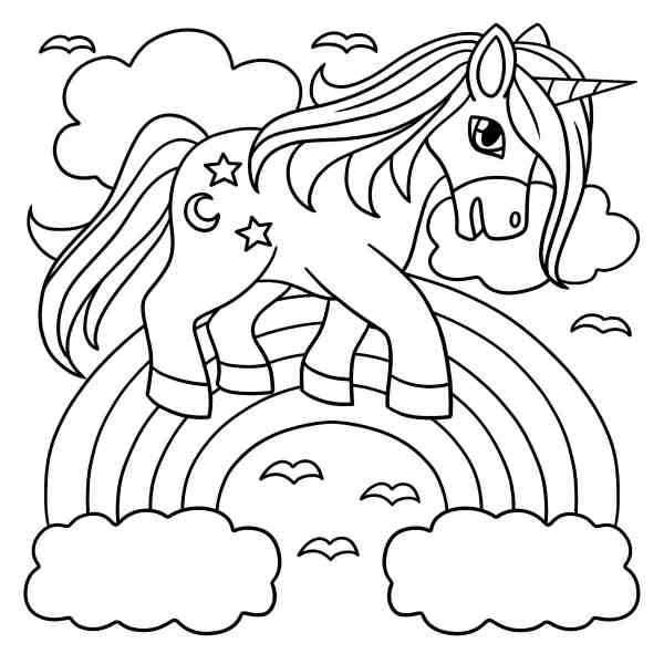Rainbow Unicorn Clouds Printable Coloring Page