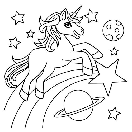 Space Adventure Unicorn Free Coloring Page