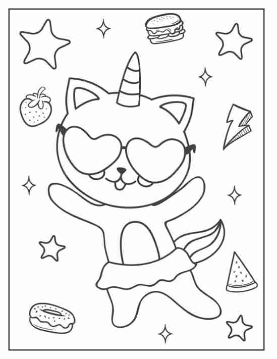 cool unicorn cat sunglasses coloring page