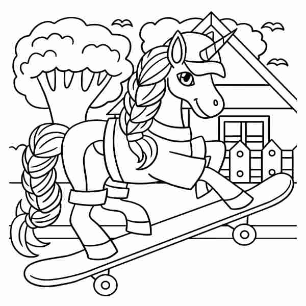 cute kawaii unicorn coloring pages skateboard adventure