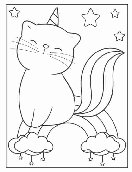 happy unicorn cat stars coloring page