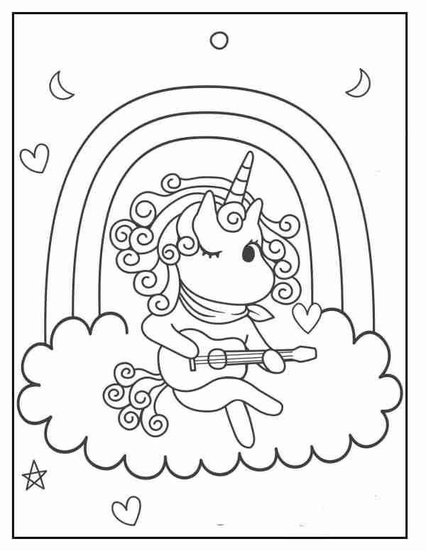 kawaii cute unicorn coloring pages guitar rainbow