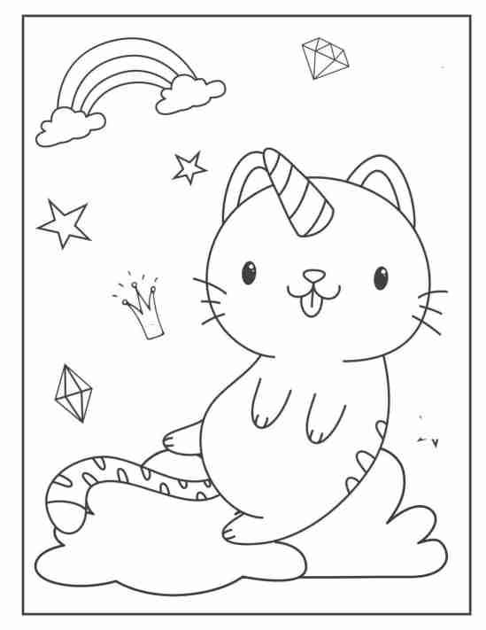 playful unicorn cat waving coloring page