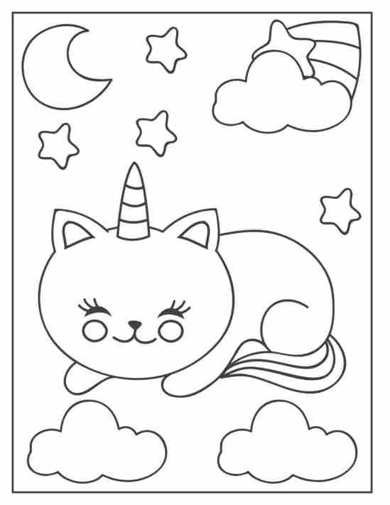sleepy unicorn cat night coloring page