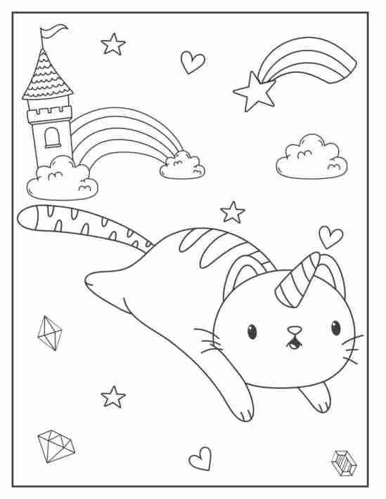 unicorn cat rainbow castle coloring page
