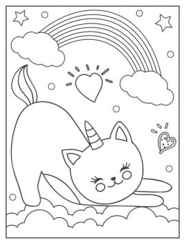 unicorn cat rainbow clouds coloring page